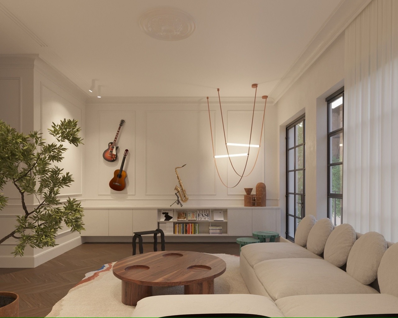Duplex music corner with guitars, saxophone and sculptural lighting