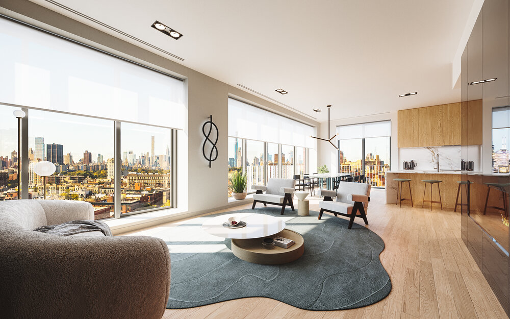 Penthouse living room with open kitchen and skyline views