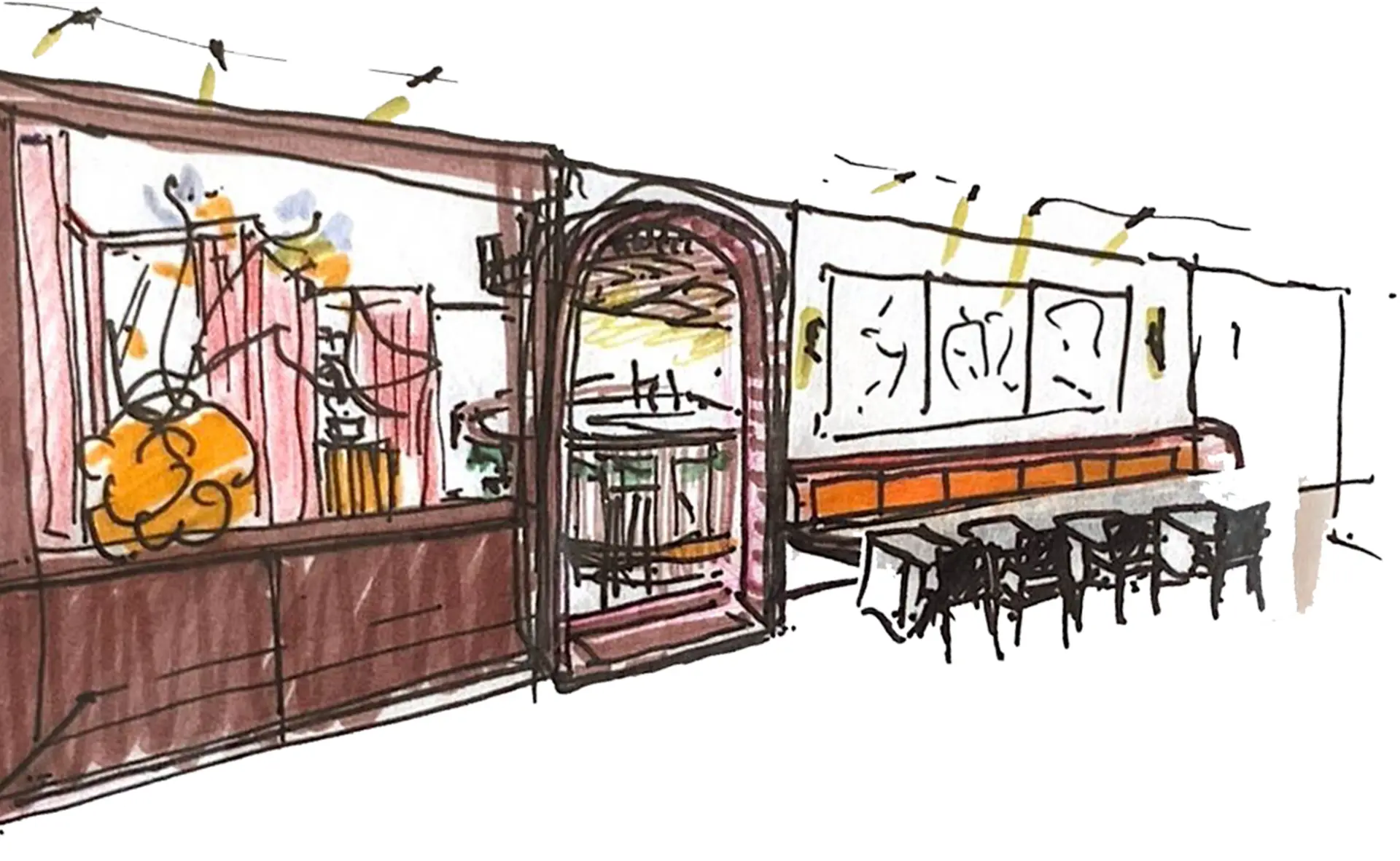 Perspective sketch of the Le Chêne facade and terrace