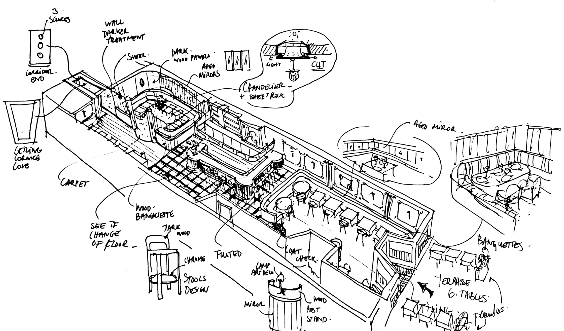 Hand-drawn axonometric plan sketch of the Rowan restaurant