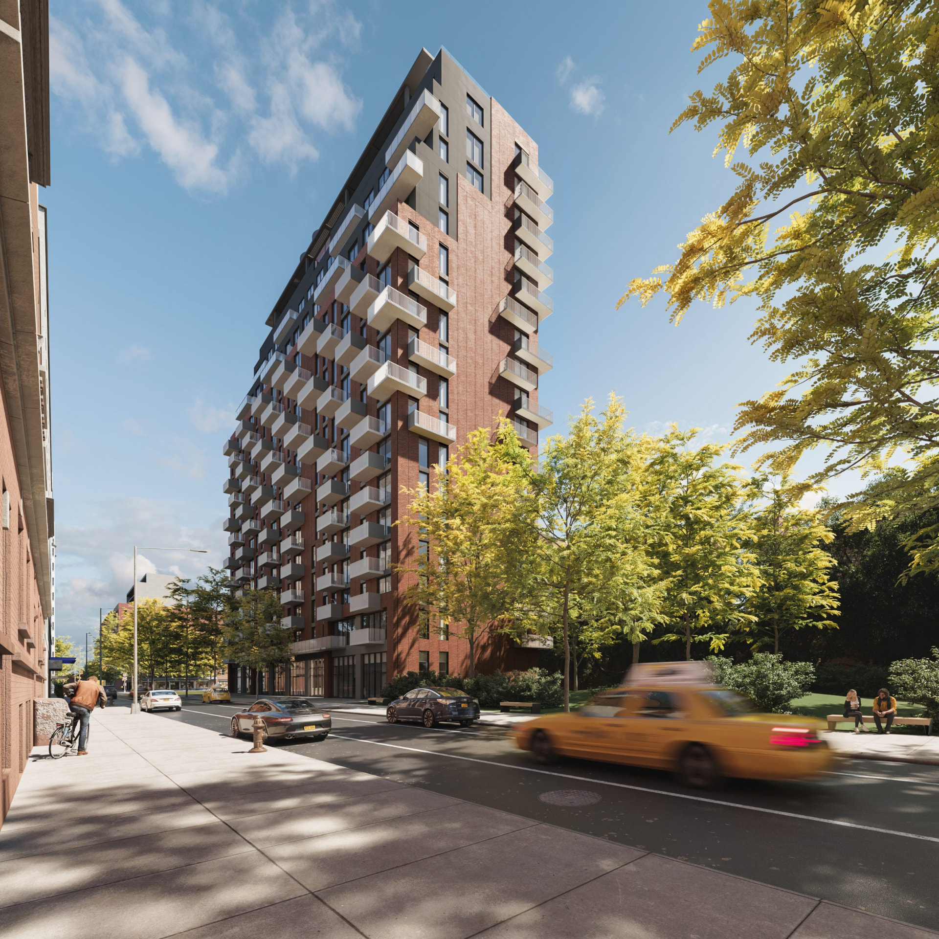 Street-level view of the 124th Street building with cantilevered balconies
