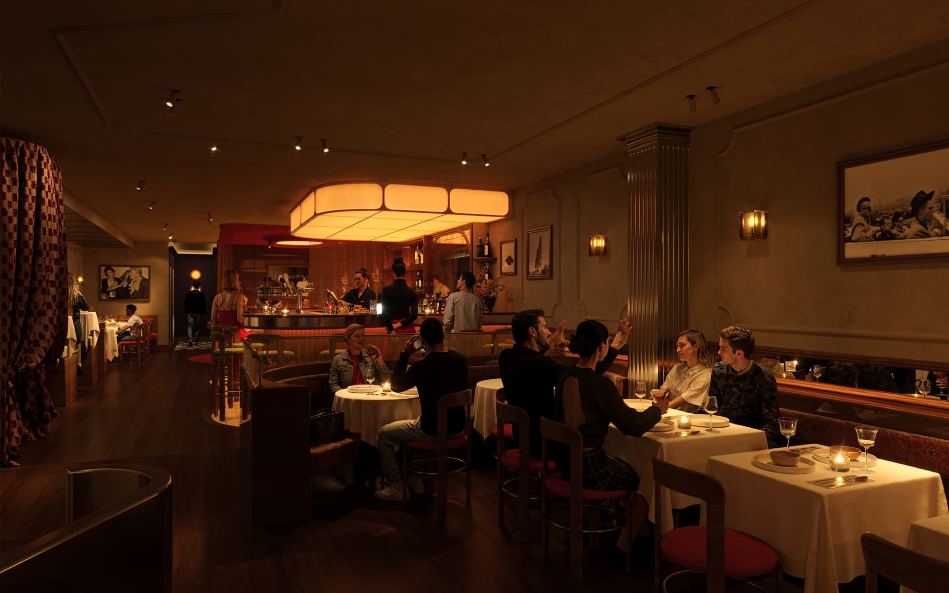 Rowan restaurant dining room with bar beyond