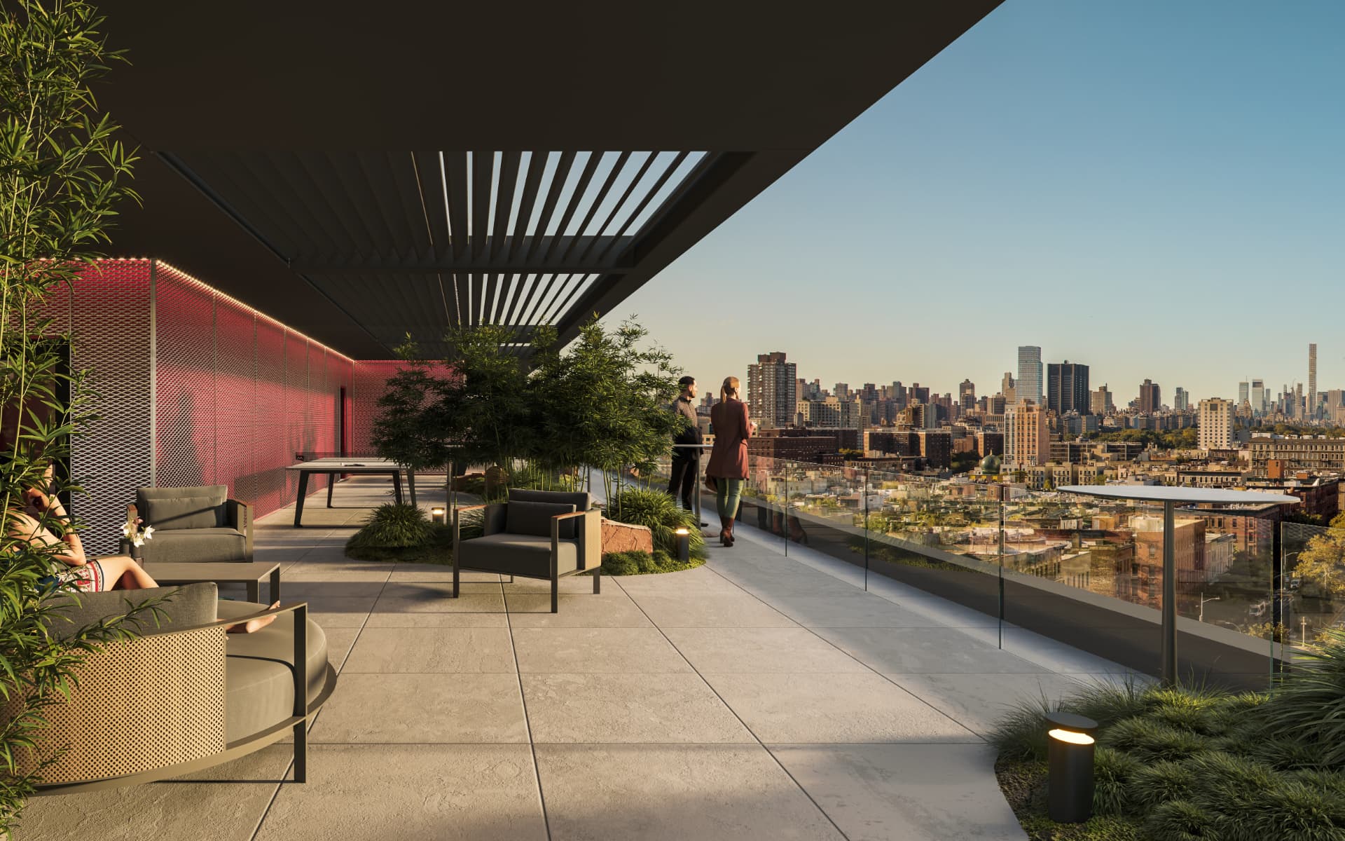 Covered roof terrace with pergola, planting and dining tables