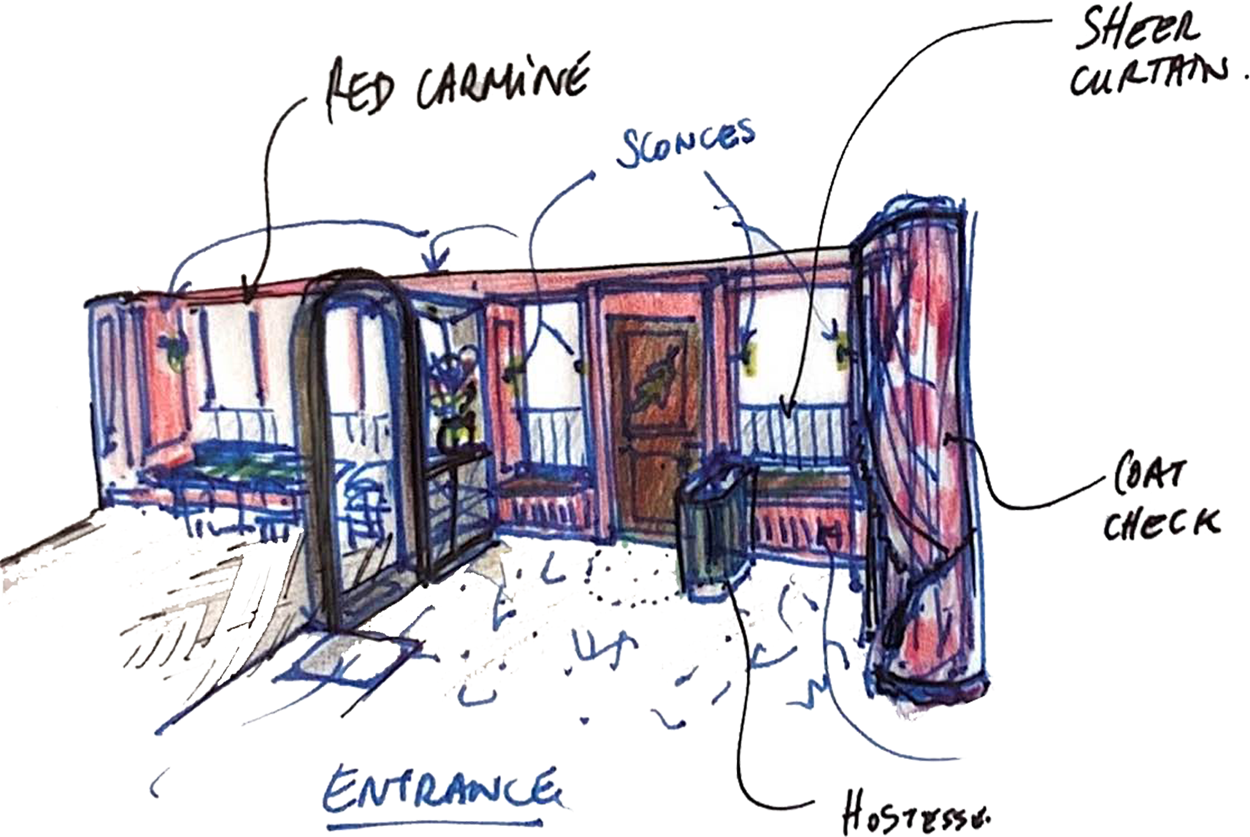 Sketch of the Le Chêne entrance in carmine red