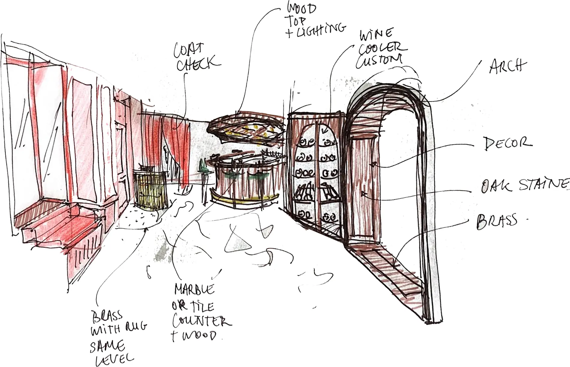 Perspective sketch of the Le Chêne entry, coat check and wine cooler
