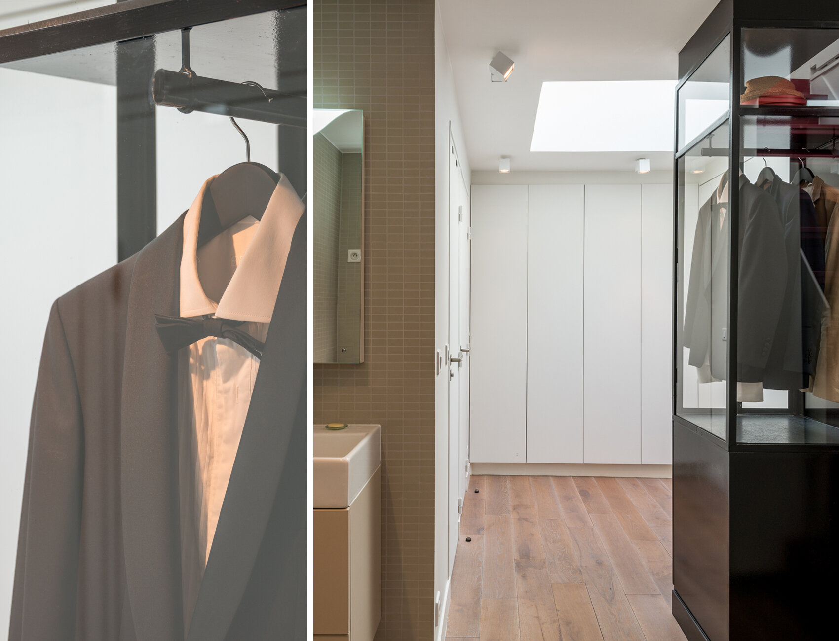Glass-fronted dressing room and hallway with bespoke cabinetry