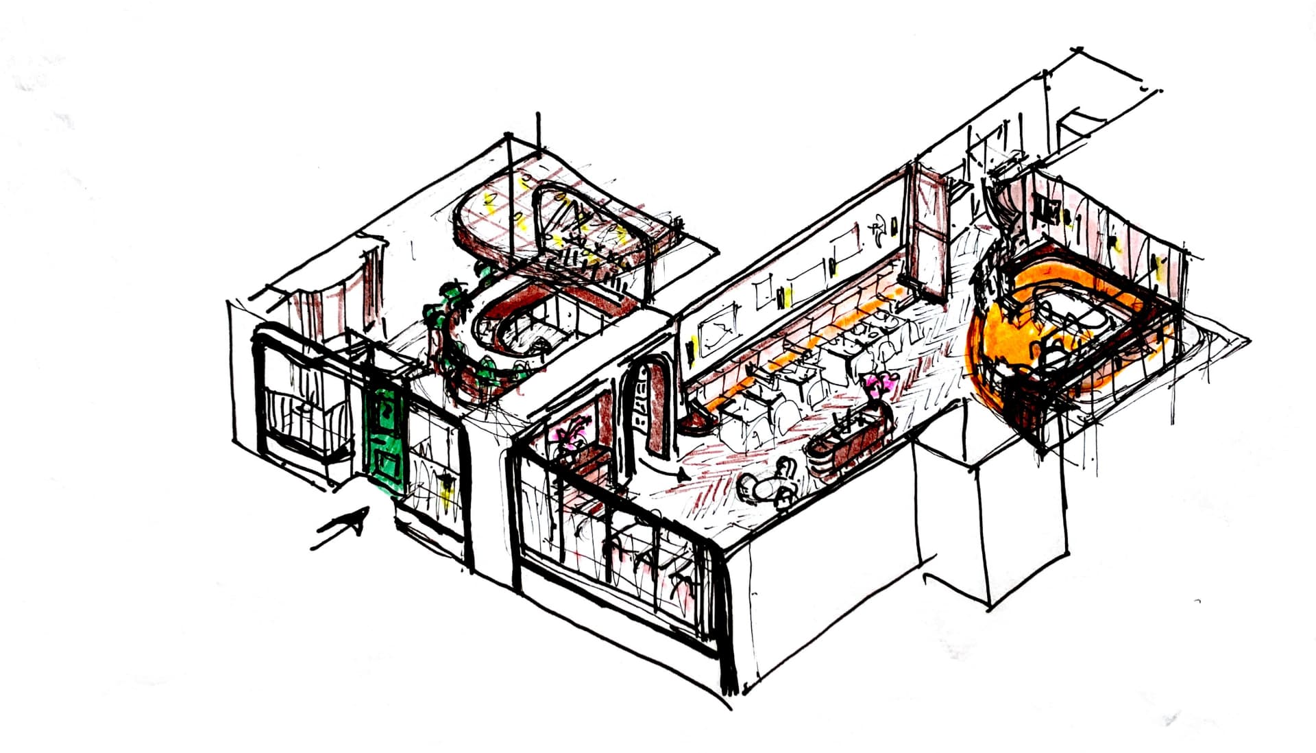 Hand-drawn axonometric concept sketch of Le Chêne