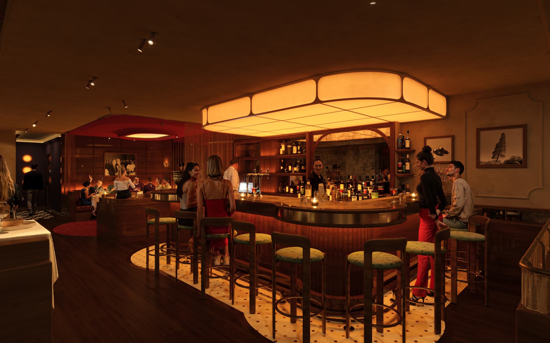 Rowan restaurant curved bar with illuminated ceiling volume