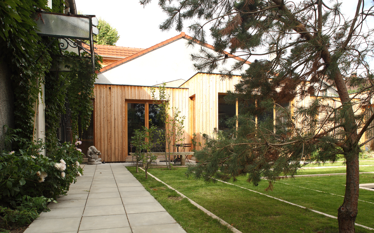 Larch-clad studio seen from the garden path with pine tree in the foreground