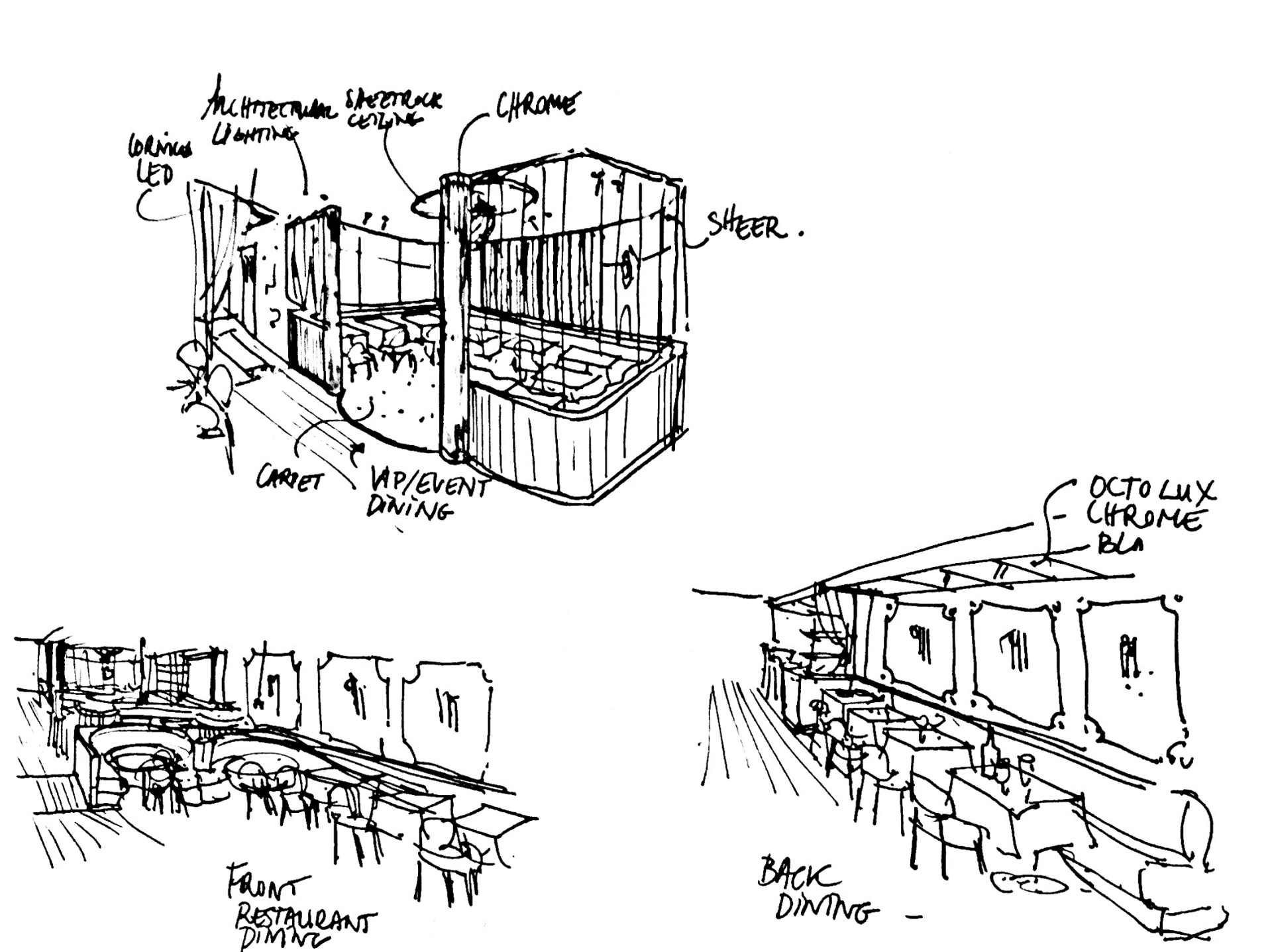 Hand-drawn sketches of the Rowan front and back dining rooms