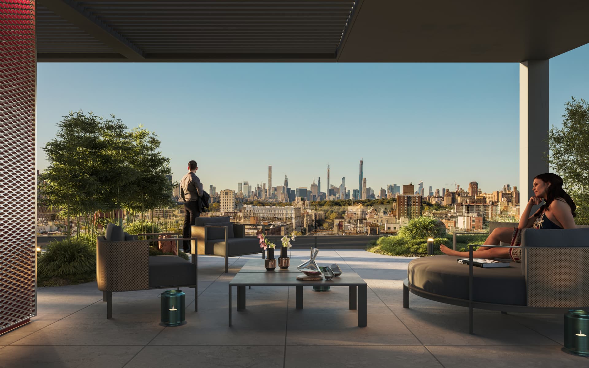 Roof terrace lounge with Central Park and Midtown skyline view