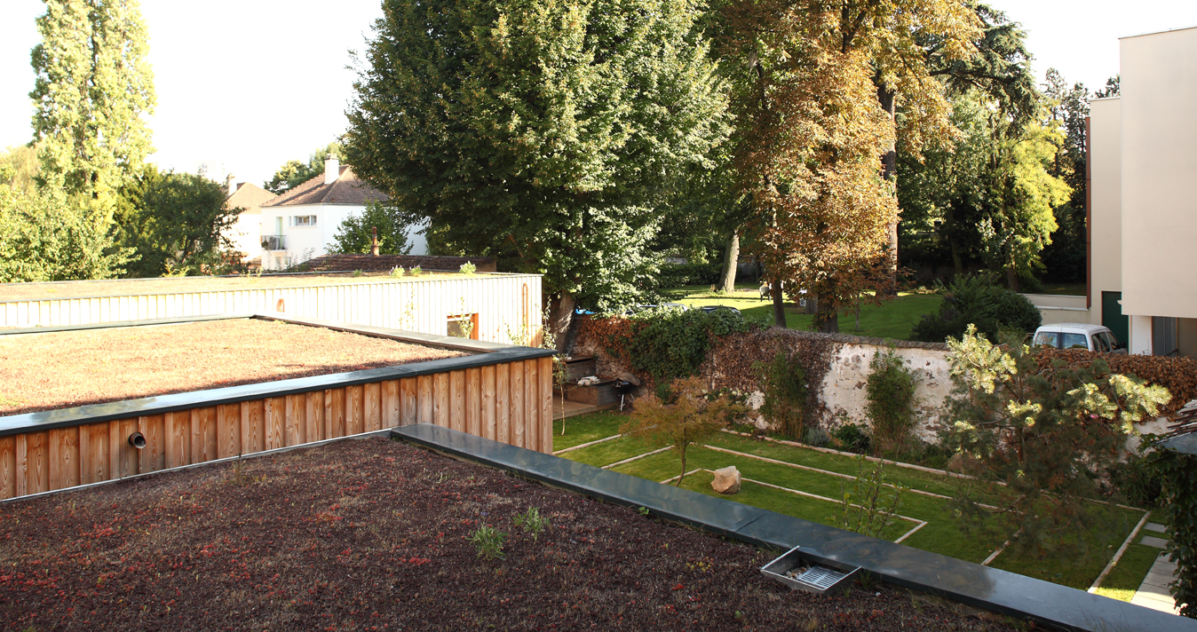 Planted sedum roof of the timber studio seen from above with garden beyond