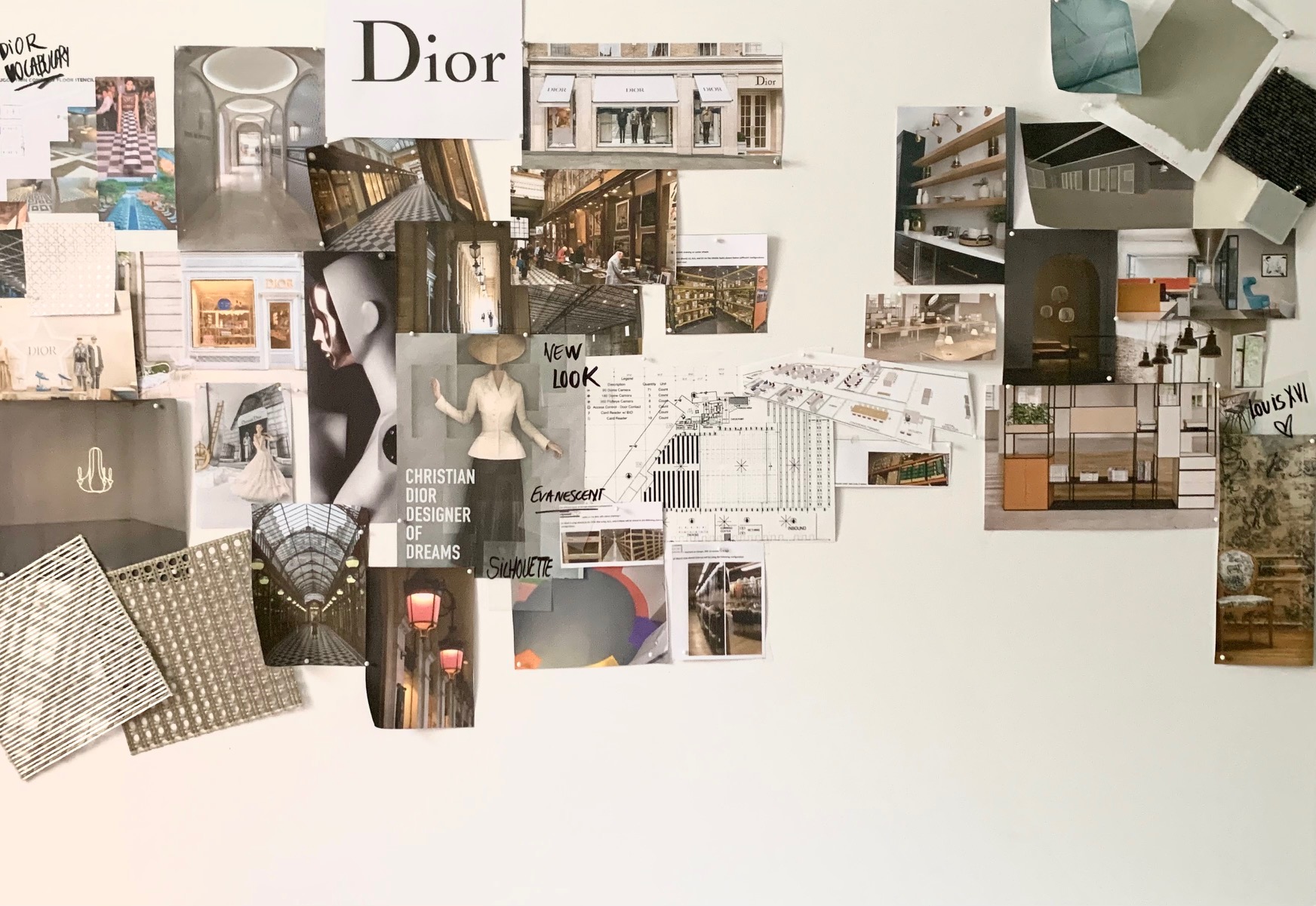 Dior project concept board with references, plans and material samples