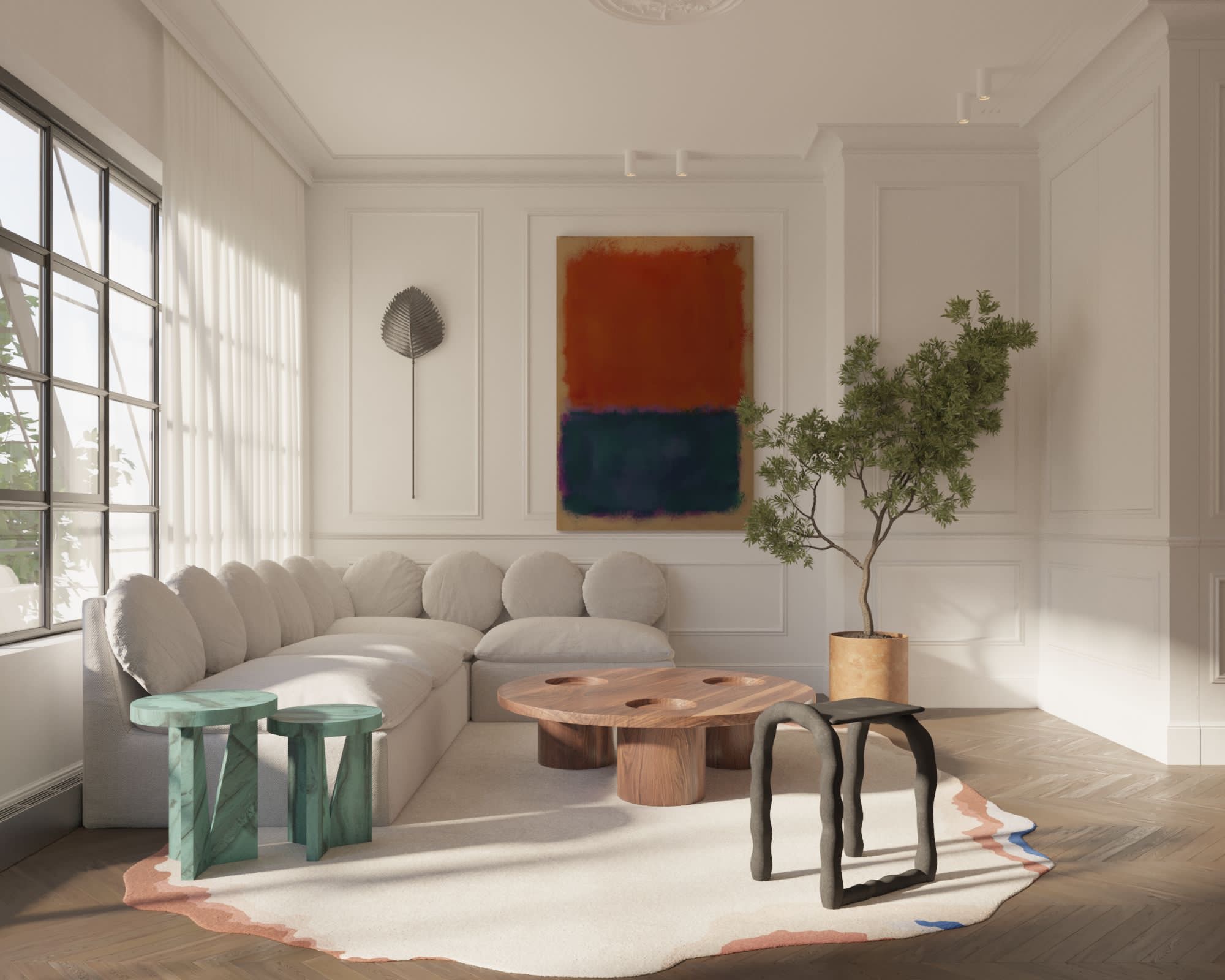 Duplex living room with curved sectional and large abstract artwork