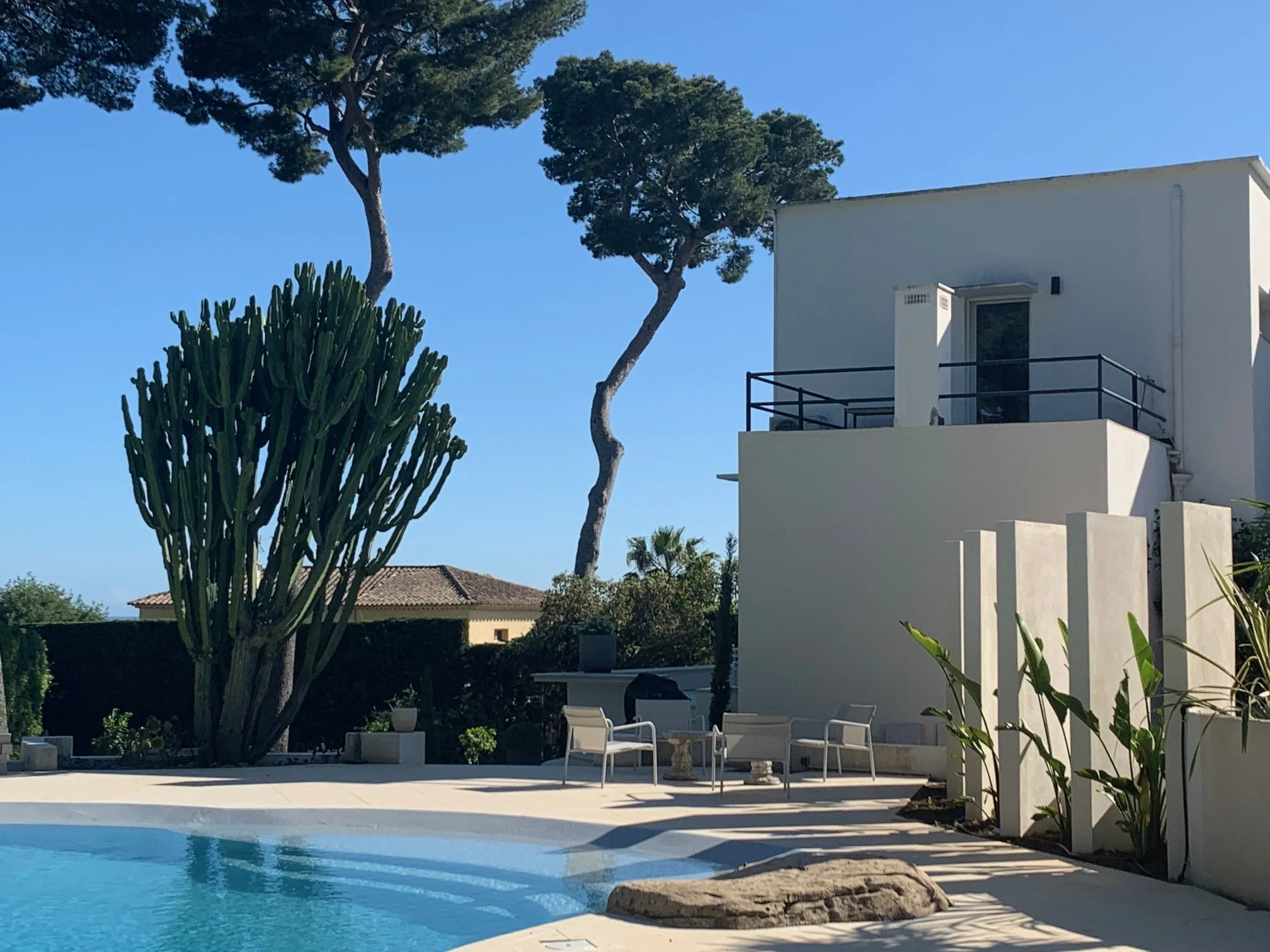 White Art Deco villa above its pool, framed by umbrella pines and cactus