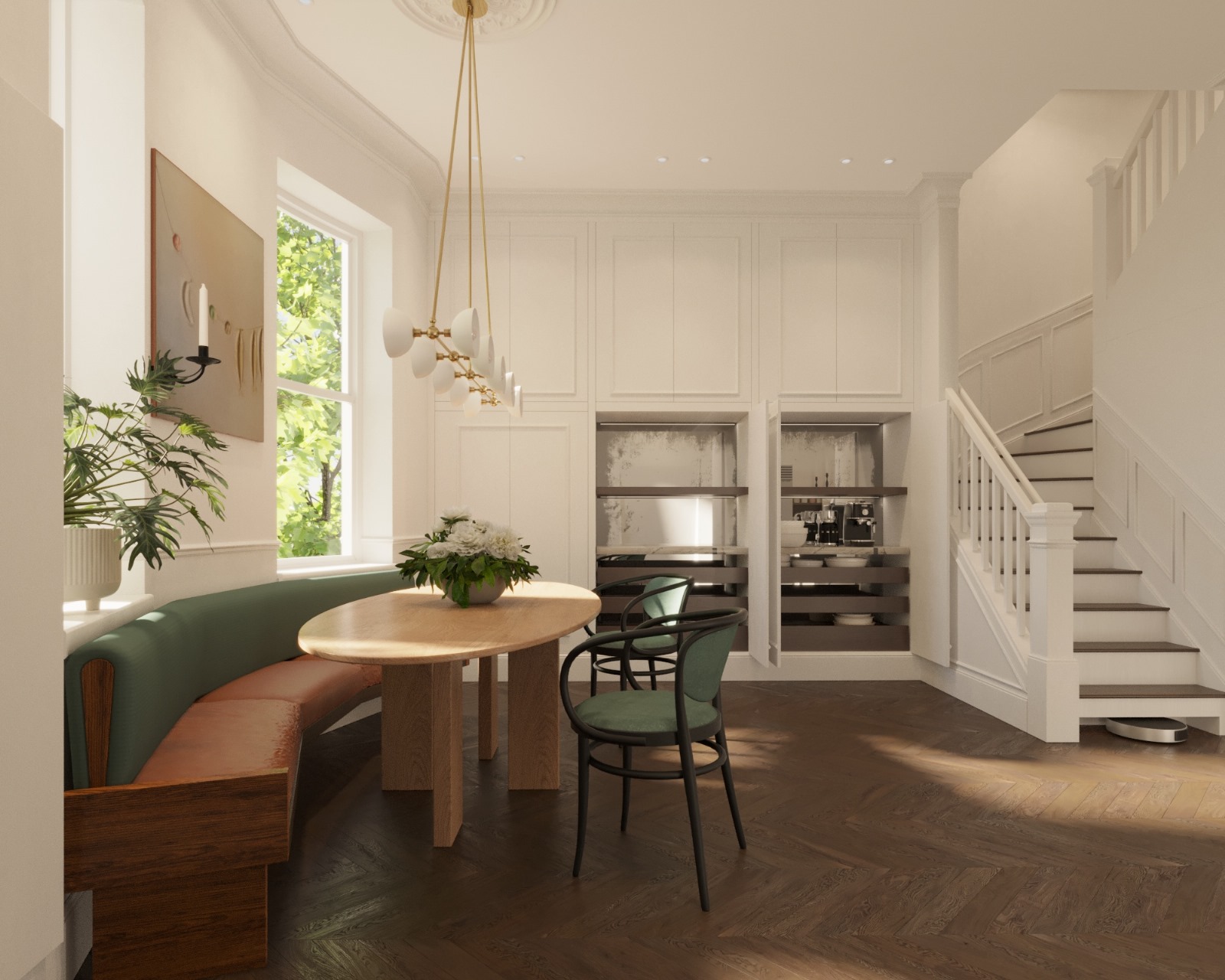 Duplex dining area beside the staircase with concealed pantry millwork
