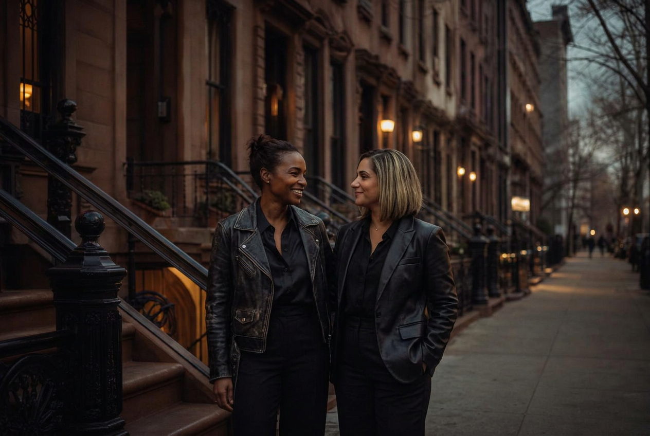 Anahay Peguero and Patricia Diaz of the FRED Interiors team on a Harlem brownstone street, styled with a rock’n’roll edge